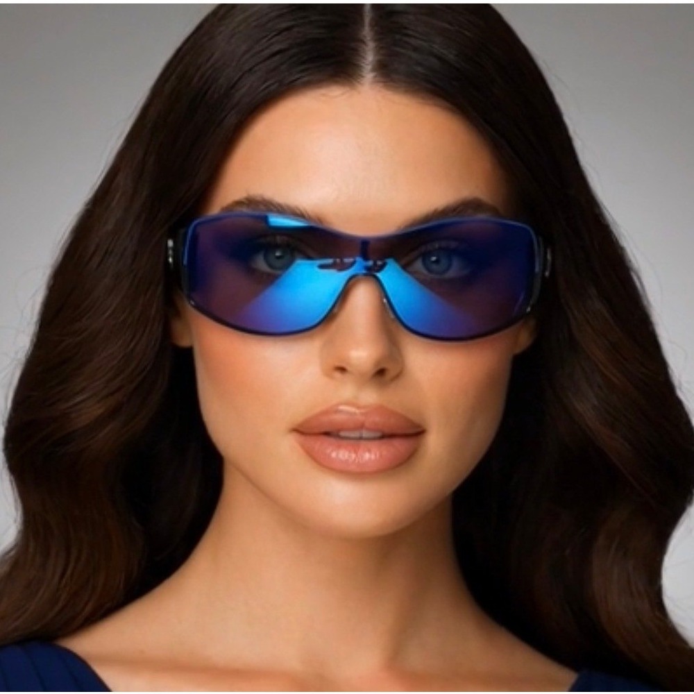 Blue Mirrored Shield‎ Women Sunglasses Black Wraparound Sporty Y2K Shades Lentes